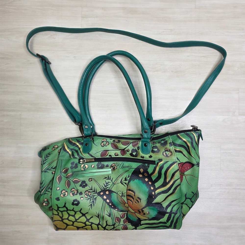 Anuschka Hand Painted Leather Butterfly Satchel Crossbody Bag Green Multi